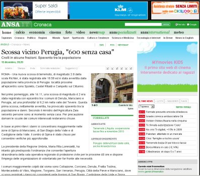 Notizia Ansa terremoto in Umbria con 600 persone senza casa