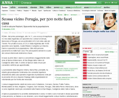 Notizia Ansa terremoto in Umbria con 500 persone a passare la notte fuori casa